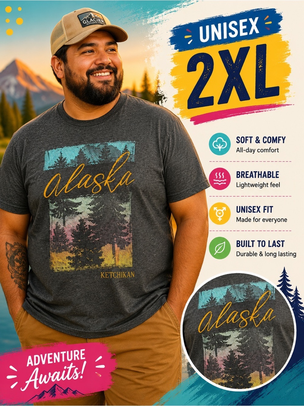 UNISEX Hand Crafted Alaska Gray Graphic Tee with Sunset Print 2XL